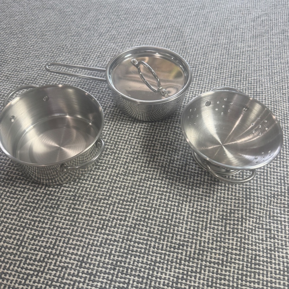 Miniature Stainless Steel Play Cookware Set Pots Pans Colander 4pc Silver